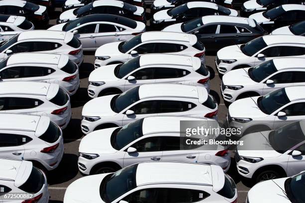 Hyundai Motor Co. Vehicles bound for export await shipment at a port near the company's Ulsan plant in Ulsan, South Korea, on Monday, April 24, 2017....