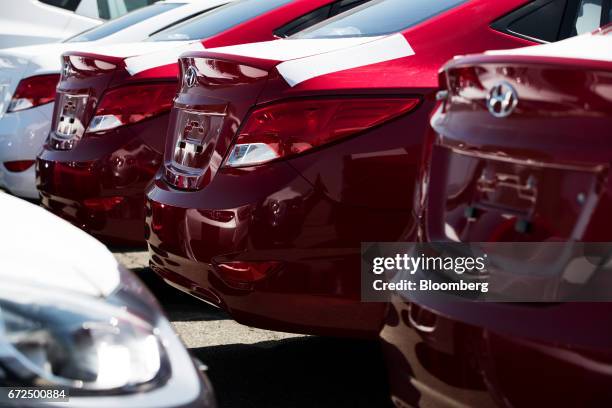 Hyundai Motor Co. Vehicles bound for export await shipment at a port near the company's Ulsan plant in Ulsan, South Korea, on Monday, April 24, 2017....