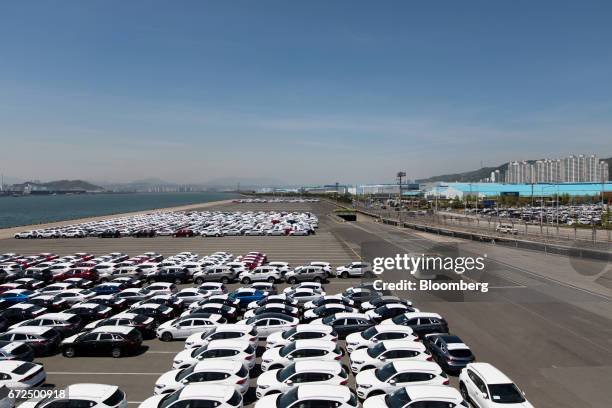 Hyundai Motor Co. Vehicles bound for export await shipment at a port near the company's Ulsan plant in Ulsan, South Korea, on Monday, April 24, 2017....