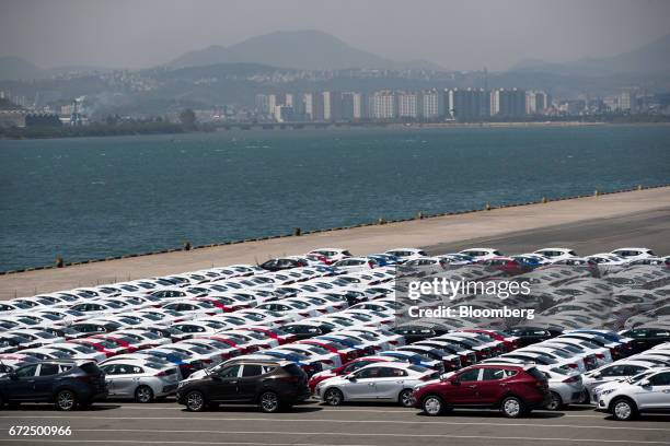 Hyundai Motor Co. Vehicles bound for export await shipment at a port near the company's Ulsan plant in Ulsan, South Korea, on Monday, April 24, 2017....