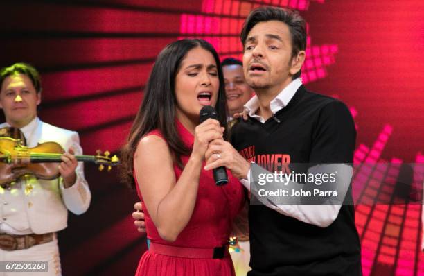 Salma Hayek and Eugenio Derbez arrive to Despierta America studio to promote the film 'How To Be A Latin Lover" on April 24, 2017 in Miami, Florida.