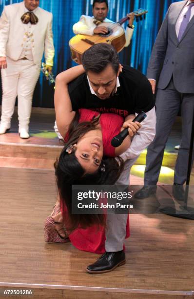 Salma Hayek and Eugenio Derbez arrive to Despierta America studio to promote the film 'How To Be A Latin Lover" on April 24, 2017 in Miami, Florida.