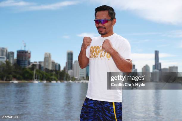 Manny Pacquiao poses during a visit to Kangaroo Point. Pacquiao is in Australia to promote his upcoming fight with Australian Jeff Horn on April 25,...