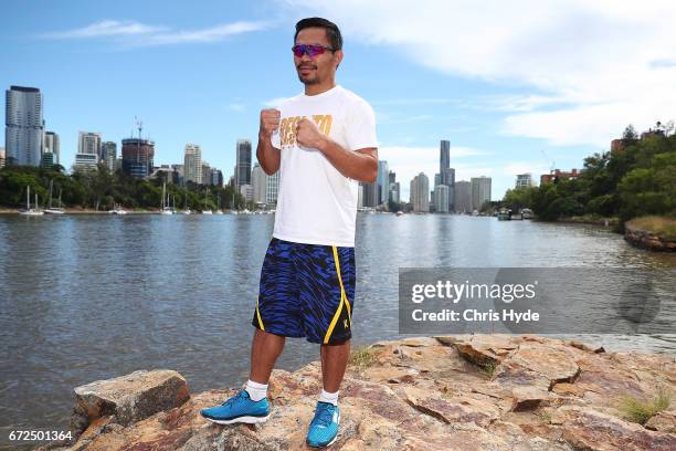 Manny Pacquiao poses during a visit to Kangaroo Point. Pacquiao is in Australia to promote his upcoming fight with Australian Jeff Horn on April 25,...
