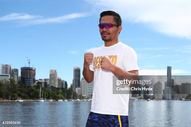 Manny Pacquiao poses during a visit to Kangaroo Point. Pacquiao is in Australia to promote his upcoming fight with Australian Jeff Horn on April 25,...