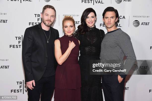 Actors Shawn Ashmore, Amanda Schull, Bridget Regan, and Milo Ventimiglia attend the "Devil's Gate" screening during the 2017 Tribeca Film Festival at...