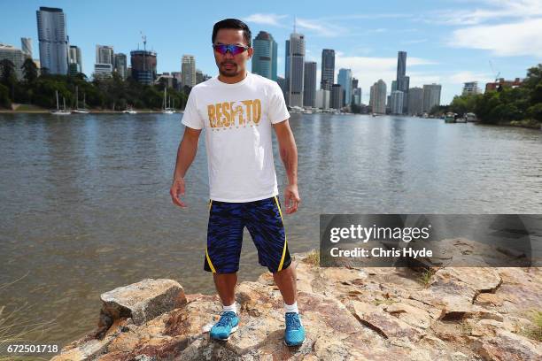 Manny Pacquiao poses during a visit to Kangaroo Point. Pacquiao is in Australia to promote his upcoming fight with Australian Jeff Horn on April 25,...