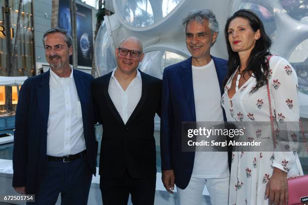 Carlo Traglio, Craig Robins, Andrea Bocelli and Veronica Berti attend the Vhernier launch with Andrea Bocelli in Design District on April 24, 2017 in...