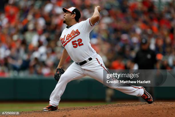 Vidal Nuno of the Baltimore Orioles pitches against the Boston Red Sox in the seventh inning at Oriole Park at Camden Yards on April 23, 2017 in...