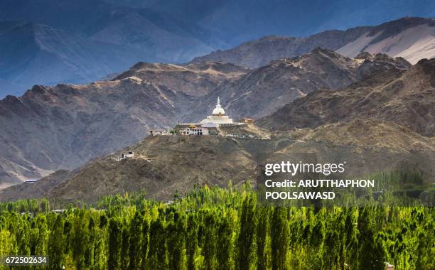 shanti stupa from view point of leh city , ladakh region , india - tempel shanti stupa stock-fotos und bilder