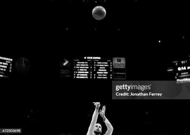 Stephen Curry of the Golden State Warriors warms up prior to the game against the Portland Trail Blazers during Game Four of the Western Conference...