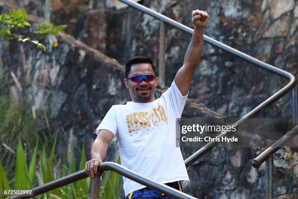 Manny Pacquiao poses during a visit to Kangaroo Point. Pacquiao is in Australia to promote his upcoming fight with Australian Jeff Horn on April 25,...