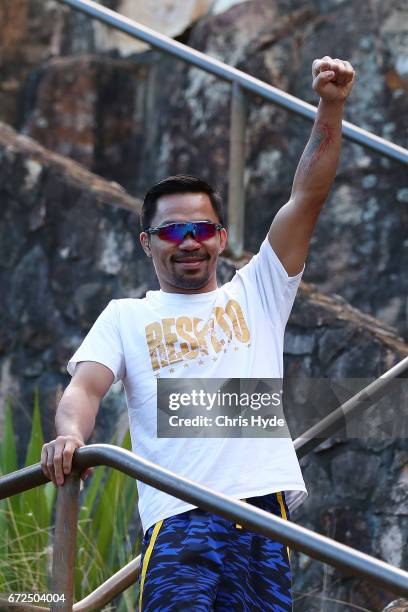 Manny Pacquiao poses during a visit to Kangaroo Point. Pacquiao is in Australia to promote his upcoming fight with Australian Jeff Horn on April 25,...