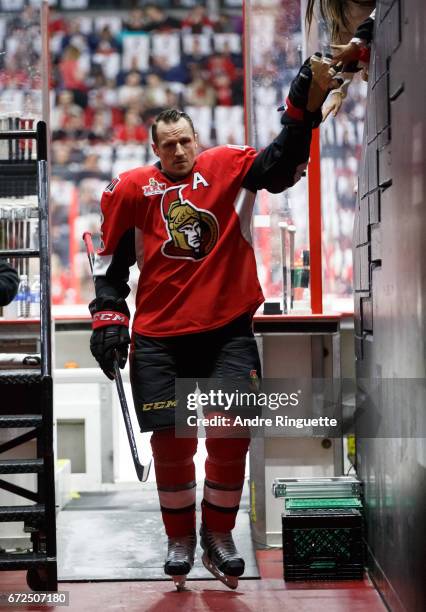 Dion Phaneuf of the Ottawa Senators leaves the ice after warmup prior to playing against the Boston Bruins in Game Five of the Eastern Conference...