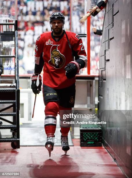 Viktor Stalberg of the Ottawa Senators leaves the ice after warmup prior to playing against the Boston Bruins in Game Five of the Eastern Conference...