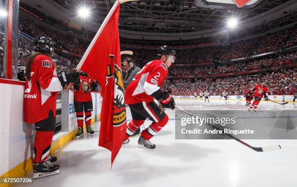 Dion Phaneuf of the Ottawa Senators steps onto the ice during player introductions prior to playing against the Boston Bruins in Game Five of the...