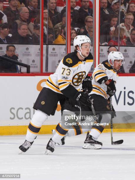 Charlie McAvoy of the Boston Bruins skates against the Ottawa Senators in Game Five of the Eastern Conference First Round during the 2017 NHL Stanley...