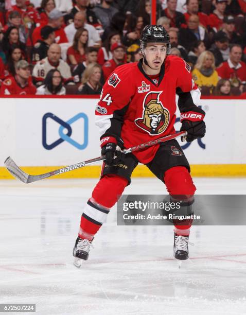 Jean-Gabriel Pageau of the Ottawa Senators skates against the Boston Bruins in Game Five of the Eastern Conference First Round during the 2017 NHL...