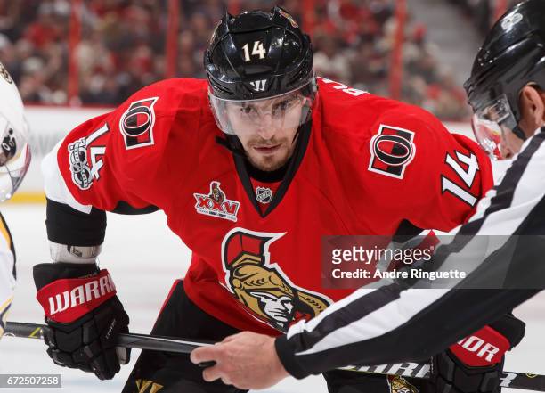 Alexandre Burrows of the Ottawa Senators prepares for a faceoff against the Boston Bruins in Game Five of the Eastern Conference First Round during...