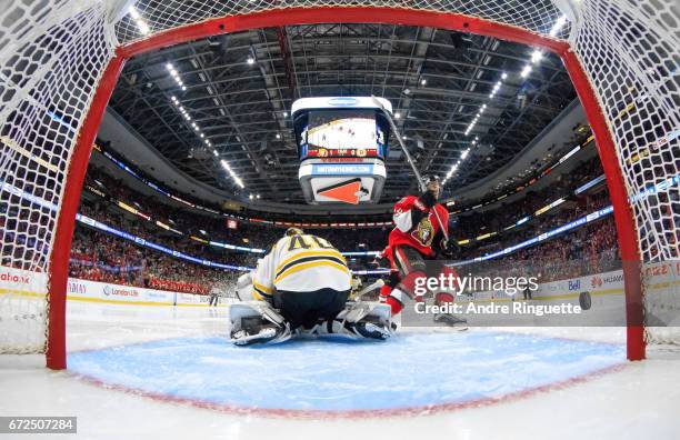 Jean-Gabriel Pageau of the Ottawa Senators scores a second period goal against Tuukka Rask of the Boston Bruins in Game Five of the Eastern...