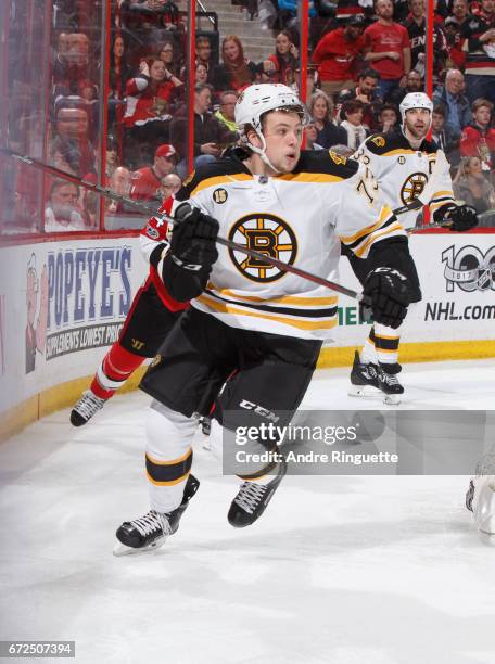 Charlie McAvoy of the Boston Bruins skates against the Ottawa Senators in Game Five of the Eastern Conference First Round during the 2017 NHL Stanley...