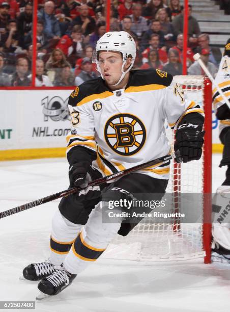 Charlie McAvoy of the Boston Bruins skates against the Ottawa Senators in Game Five of the Eastern Conference First Round during the 2017 NHL Stanley...