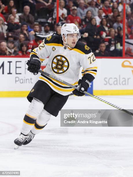 Frank Vatrano of the Boston Bruins skates against the Ottawa Senators in Game Five of the Eastern Conference First Round during the 2017 NHL Stanley...