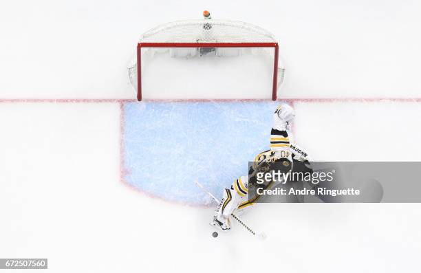 Tuukka Rask the Boston Bruins makes a save against the Ottawa Senators in Game Five of the Eastern Conference First Round during the 2017 NHL Stanley...