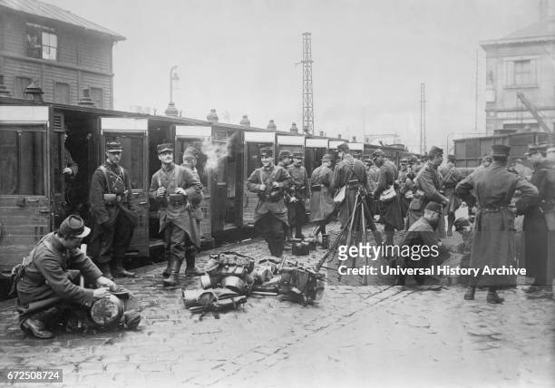 French Troops Leaving Train at Beginning of World War I, France, Bain News Service, 1914.
