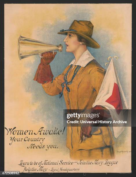 Woman in Uniform Holding Megaphone and Flag, "Women Awake! Your Country Needs You, Learn to be of National Service, Join the Navy League", World War...