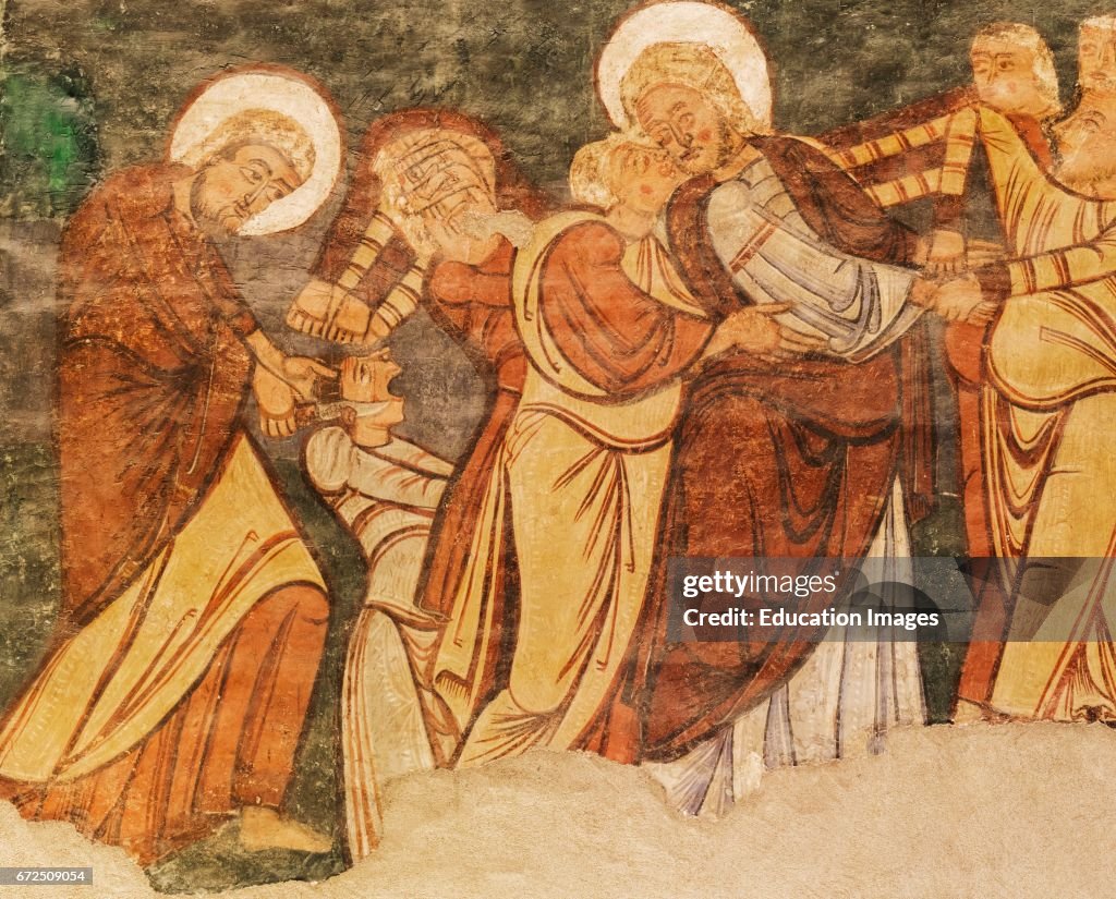 Spain, Diocesan Museum of Jaca, The betrayal in the Garden of Gethsemane: Judas kisses Jesus, and Peter cuts of Malchus's ear