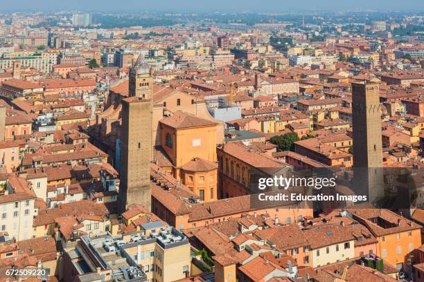 Bologna, Emilia-Romagna, Italy, Overall view of the historic center of the city, Torre Prendiparte on right of Metropolitan cathedral of Saint Peter,...