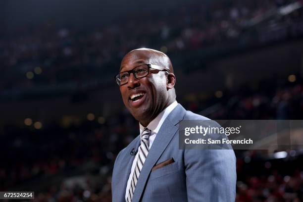 Mike Brown of the Golden State Warriors smiles during the game against the Portland Trail Blazers during Game Four of the Western Conference...