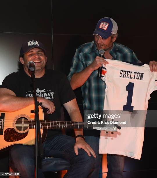 Rhett Akins and Blake Shelton attend Music And Miracles Superfest benefitting Chicken Salas Chick Foundation at Jordan-Hare Stadium on April 22, 2017...