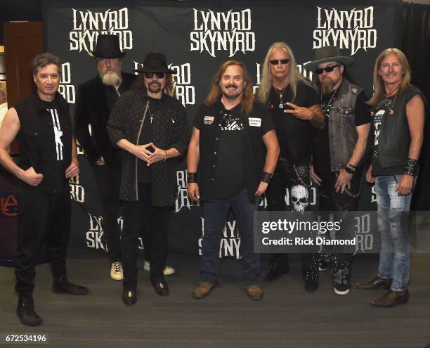 Lynyrd Skynyrd, Michael Cartellone, Johnny Colt, Gary Rossington, Johnny Van Zant, Rickey Medlocke, Peter Keys and Mark Matejka backstage during...