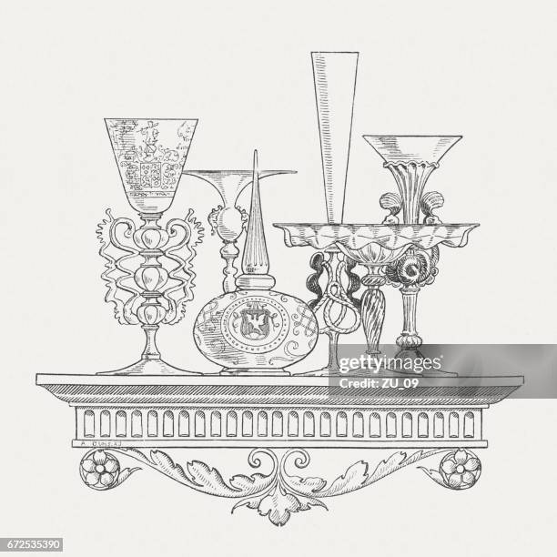 venetian glasses, decorative ornament, vignette, wood engraving, published in 1884 - venezuelan culture stock illustrations