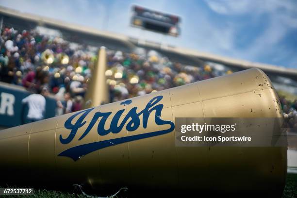 Detailed view of a Notre Dame Fighting Irish cheerleader Megaphone is seen on the field during the Notre Dame Fighting Irish Blue-Gold Spring Game on...