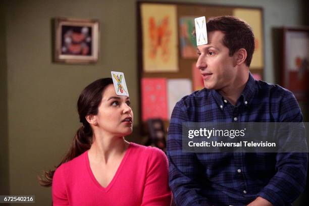 Moo Moo" Episode 418 -- Pictured: Melissa Fumero as Amy Santiago, Andy Samberg as Jake Peralta --