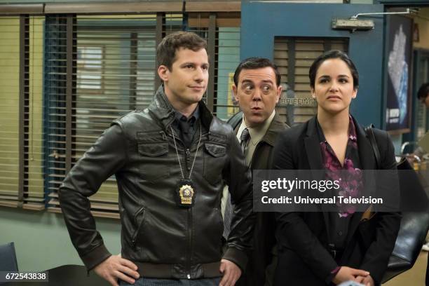 Moo Moo" Episode 418 -- Pictured: Andy Samberg as Jake Peralta, Joe Lo Truglio as Charles Boyle, Melissa Fumero as Amy Santiago --