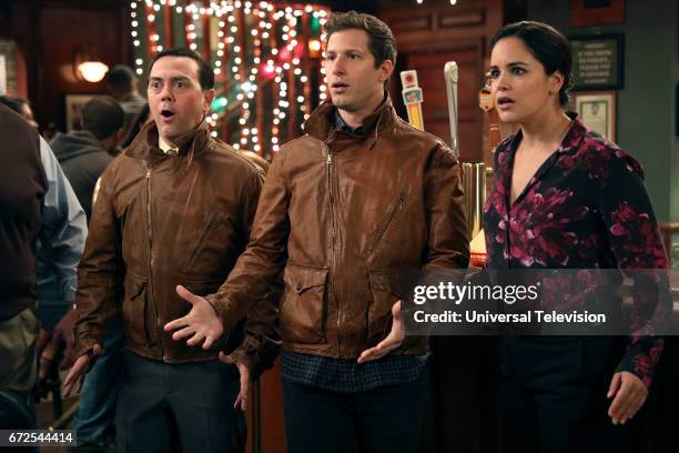 Last Ride" Episode 415 -- Pictured: Joe Lo Truglio as Charles Boyle, Andy Samberg as Jake Peralta, Melissa Fumero as Amy Santiago --