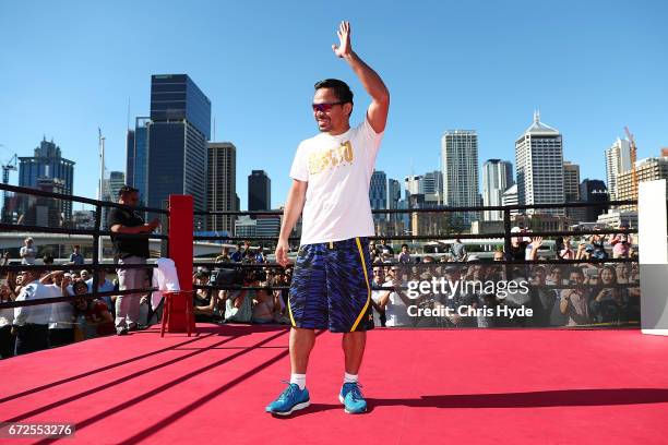 Manny Pacquiao waves to the crowd during a visit to South Bank. Pacquiao is in Australia to promote his upcoming fight with Australian Jeff Horn on...