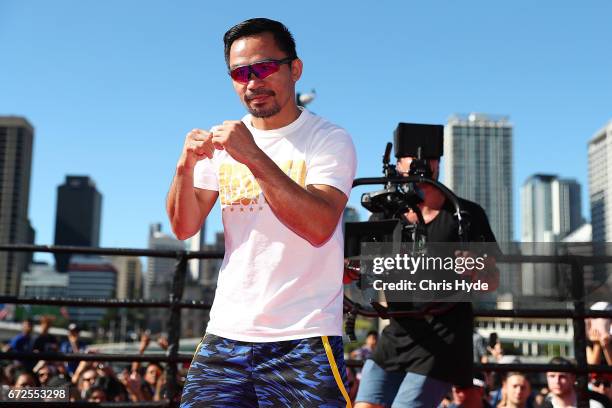 Manny Pacquiao shadow boxes during a visit to South Bank. Pacquiao is in Australia to promote his upcoming fight with Australian Jeff Horn on April...
