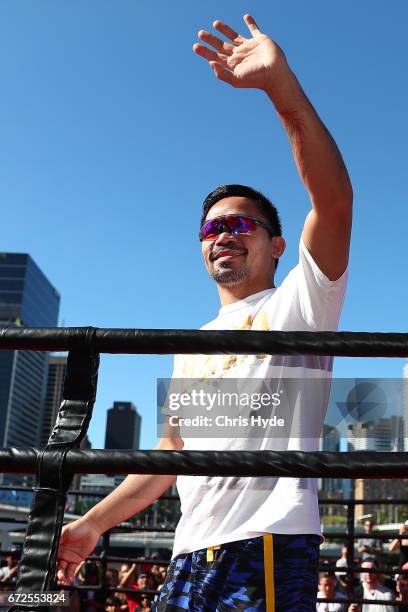 Manny Pacquiao waves to the crowd during a visit to South Bank. Pacquiao is in Australia to promote his upcoming fight with Australian Jeff Horn on...