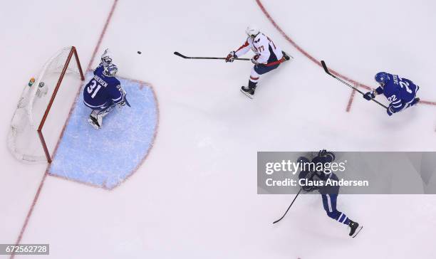 Oshie of the Washington Capitals is stopped by Frederik Andersen of the Toronto Maple Leafs in Game Six of the Eastern Conference Quarterfinals...