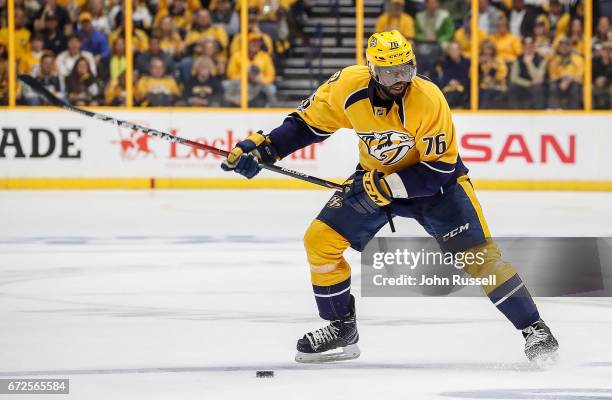 Subban of the Nashville Predators skates against the Chicago Blackhawks in Game Four of the Western Conference First Round during the 2017 NHL...