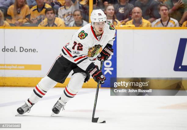 Artemi Panarin of the Chicago Blackhawks skates against the Nashville Predators in Game Four of the Western Conference First Round during the 2017...