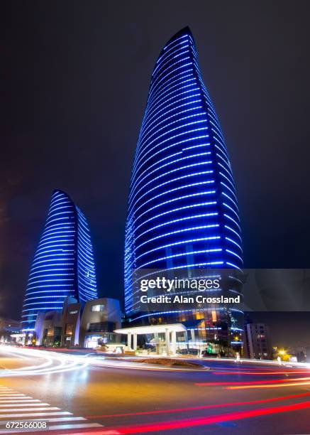 baku flame towers by night - baku 2017 stock pictures, royalty-free photos & images