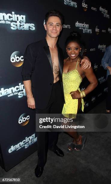 Olympian Simone Biles and dancer Sasha Farber attend "Dancing with the Stars" Season 24 at CBS Televison City on April 24, 2017 in Los Angeles,...