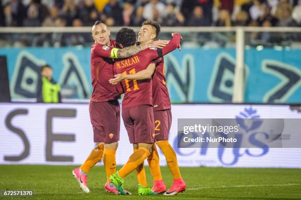 Mohamed Salah of AS Roma celebrates with El Shaarawy Stephan and Nainggolan Radja after scoring the goal 0-3 during the Serie A match between Pescara...