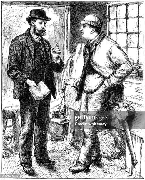 two victorian men talking in a carpenter's workshop - work bench stock illustrations